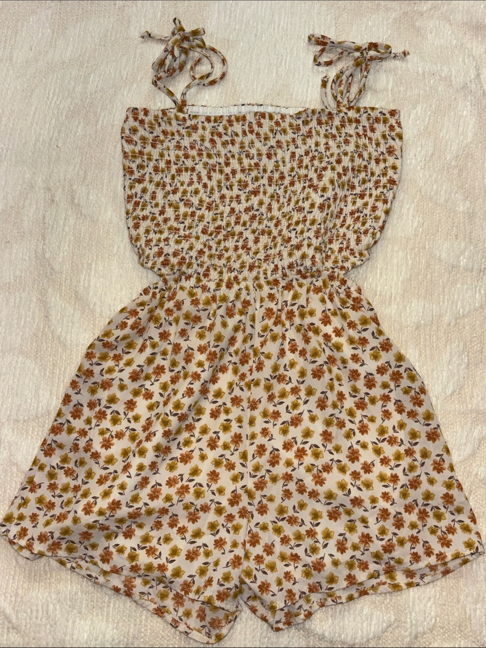 Worn once! Floral Smocked Romper Dress - White with Brown & Mustard Flowers